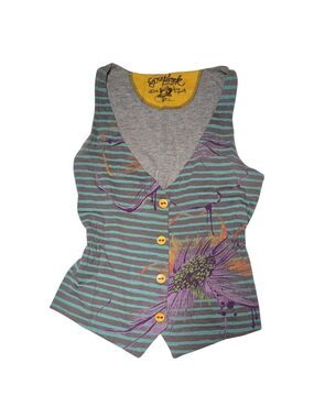 Scrapbook Floral Striped Button Front Vest Top Striped Artsy Teal Gray